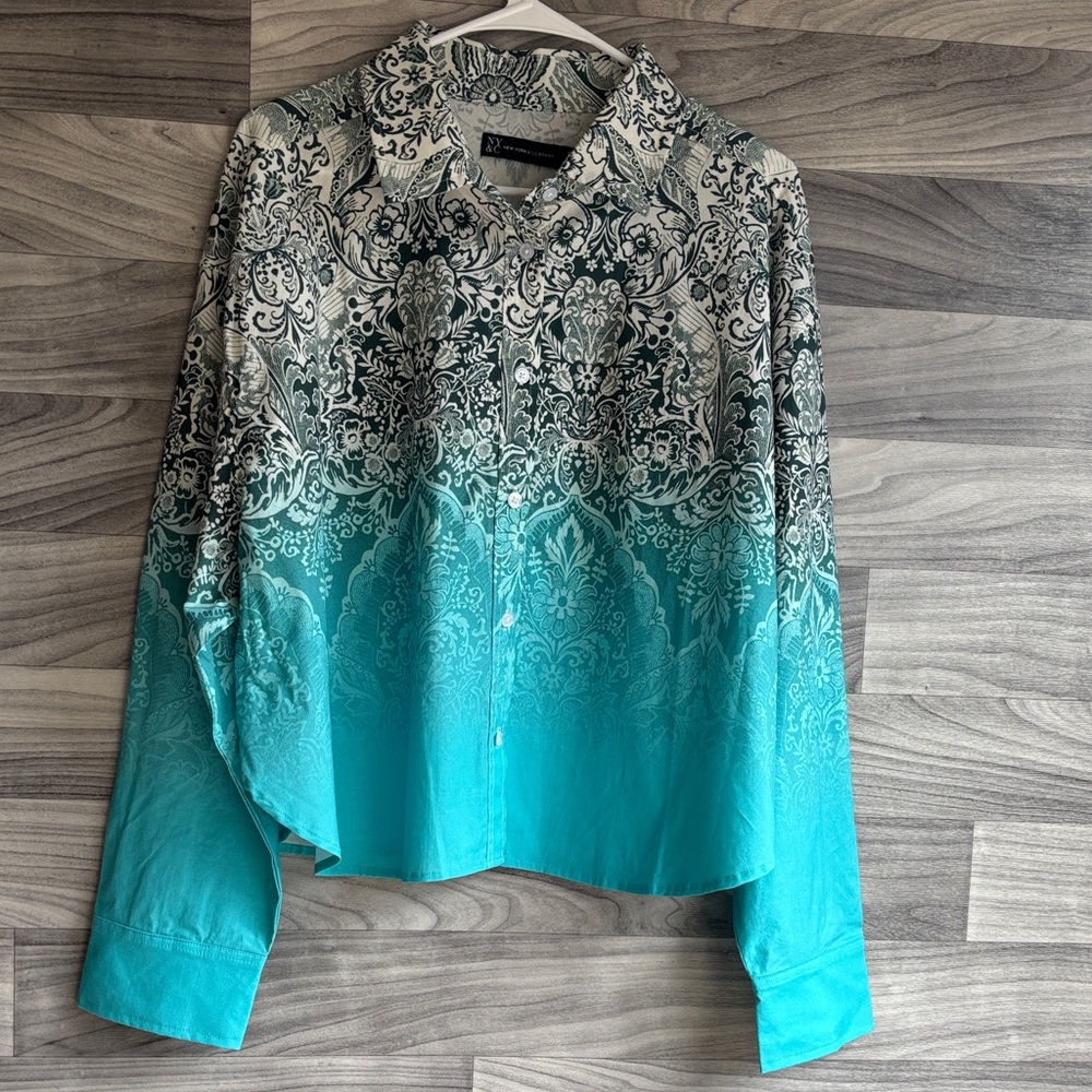 New York & Company Teal Ombre Button Down Shirt